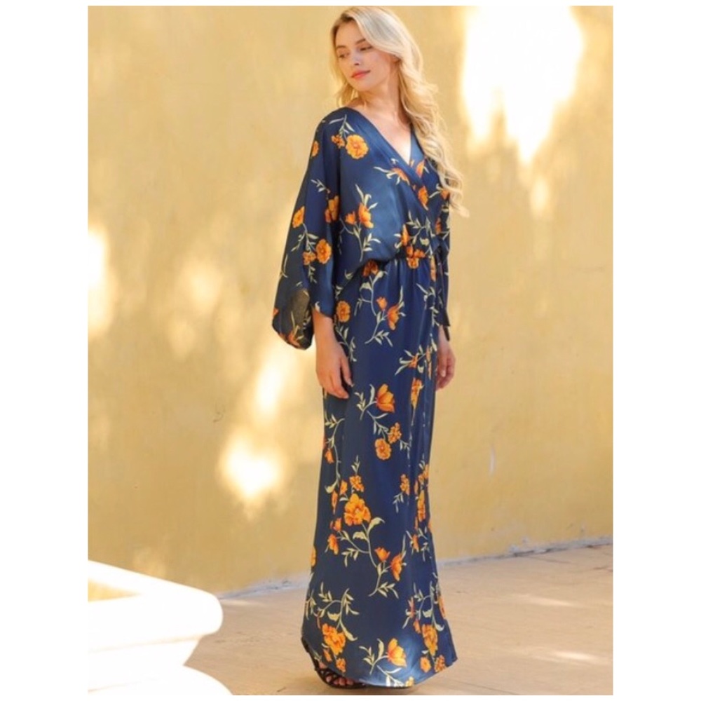 SOLD OUT CLEARANCE Navy Floral Kimono Tie Front Tassel Maxi Dress - Picture 3 of 7